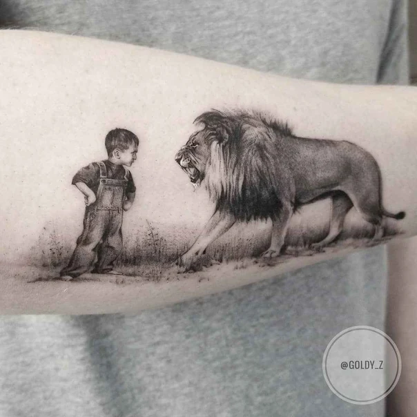 Realism Lion, Child tattoo on Forearm