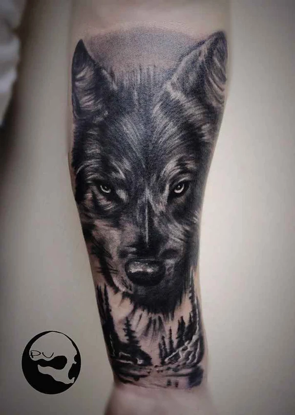 Реализм Wolf, Forest tattoo на Предплечье