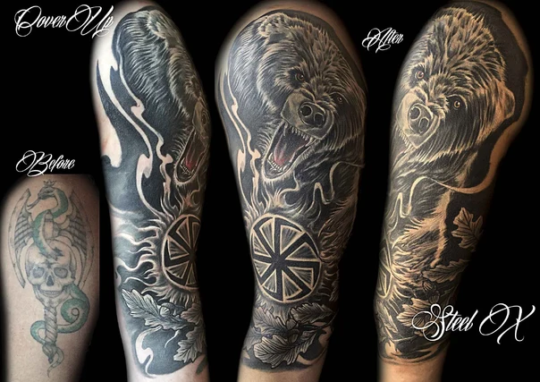 Чёрно-серая Bear, Sunwheel tattoo на Полный рукав