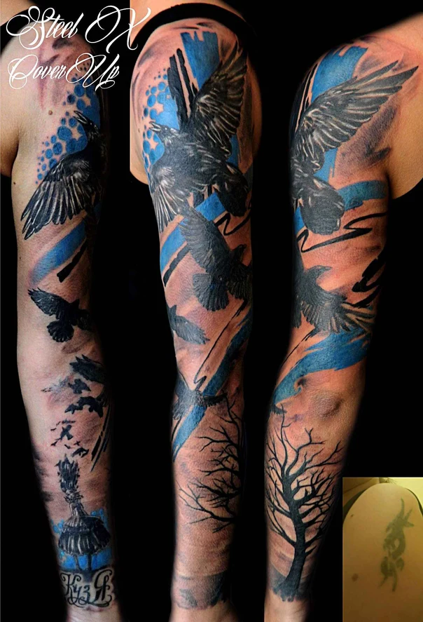 Иллюстративная Birds, Tree tattoo на Полный рукав