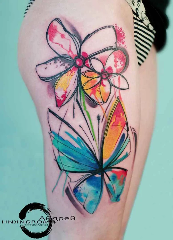 Акварель Flower, Butterfly tattoo на Thigh