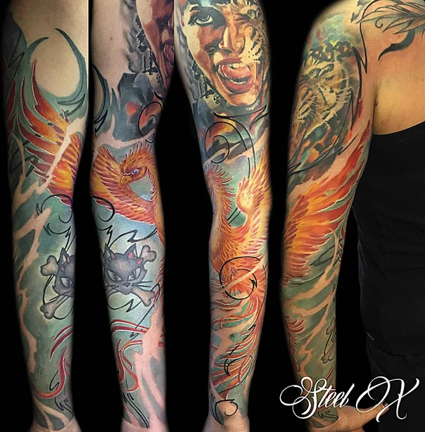 Watercolor Phoenix, Cat tattoo on Full Sleeve