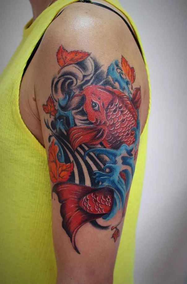 Japanese Koi fish, Leaves tattoo on Upper Arm