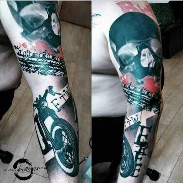 Trash Polka Skull, Motorcycle tattoo on Full Sleeve
