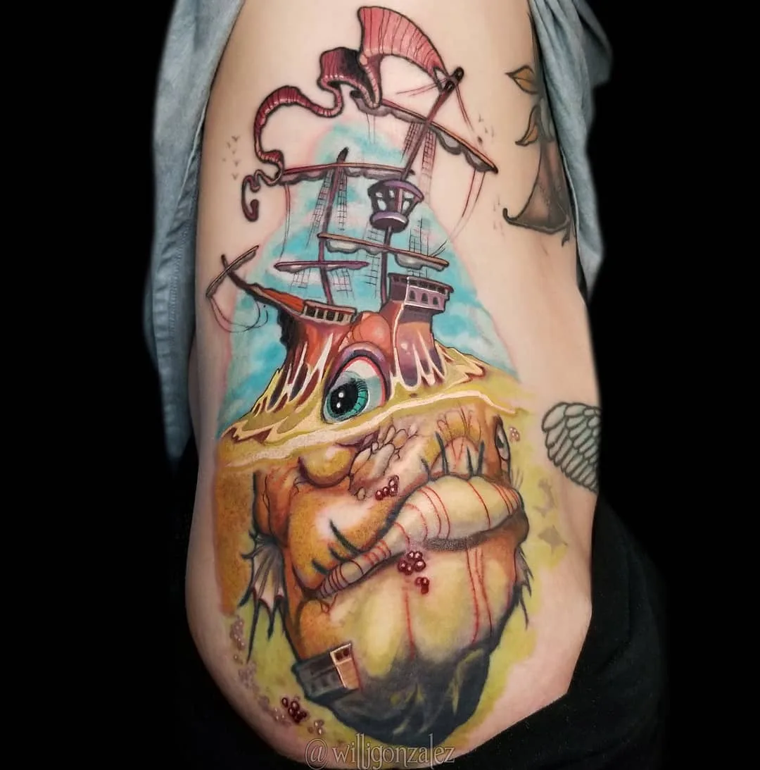 Tatuatore Will Gonzalez, tatuaggio a colori di nuova scuola realizzato secondo disegno dell'autore | New York, USA