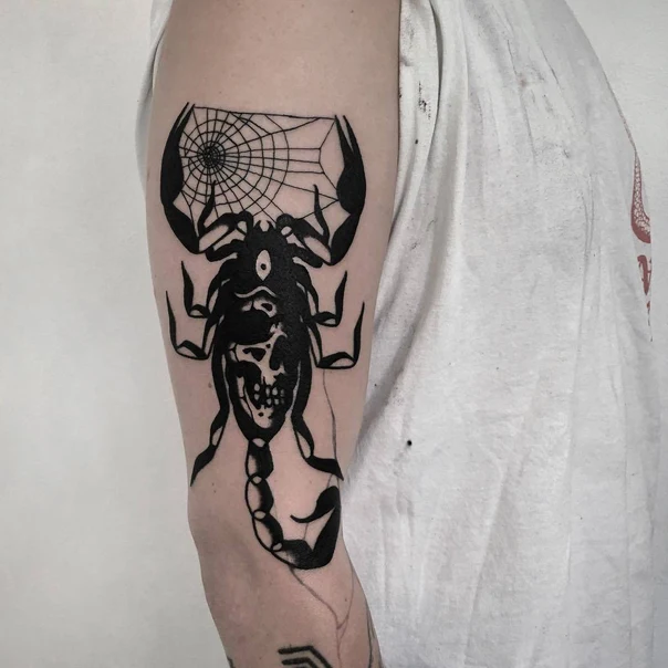 Blackwork Scorpion, Skull tattoo on Forearm