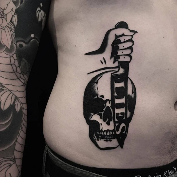 Blackwork Skull, Knife tattoo on Stomach