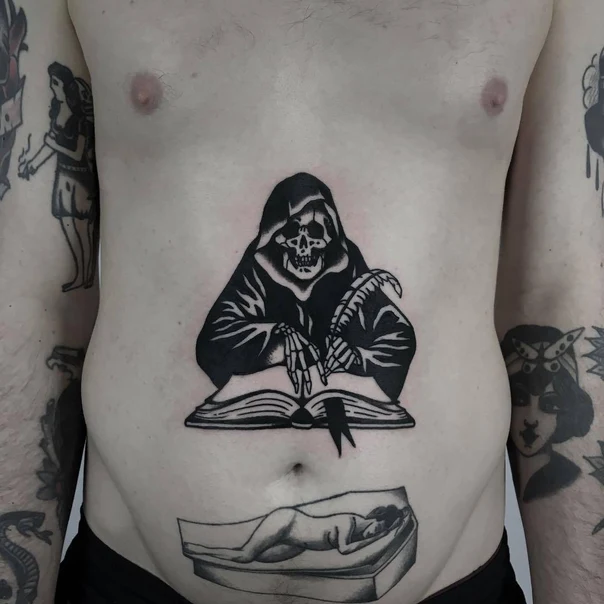 Blackwork Grim reaper, Book tattoo on Stomach