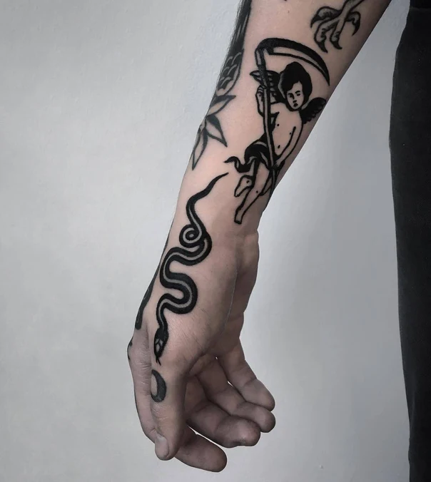Blackwork Angel, Snake tattoo on Forearm