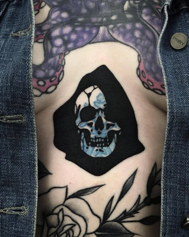 Blackwork Skull, Grim reaper tattoo on Chest