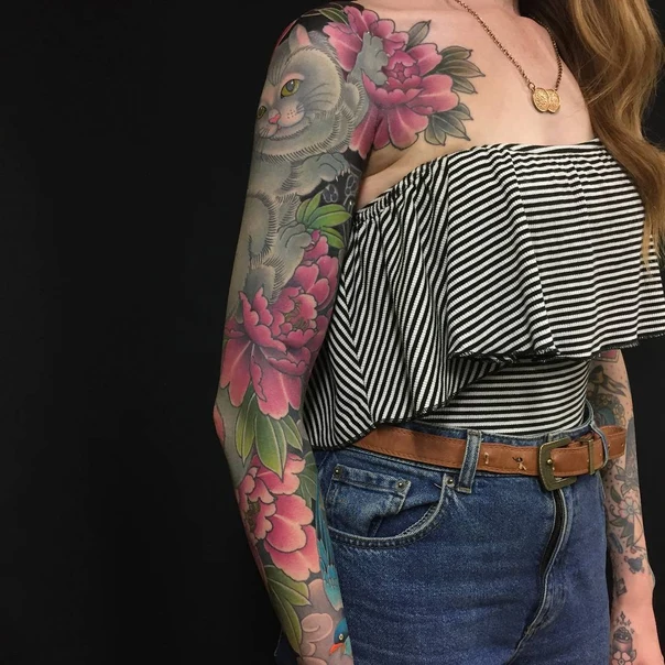 Japanese Cat, Flowers tattoo on Full Sleeve