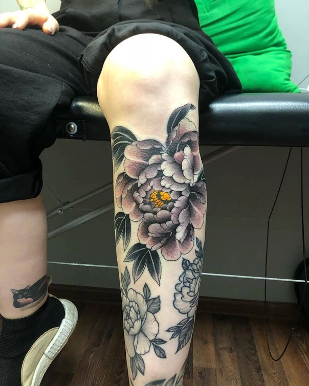 Japanese Flower, Peony tattoo on Calf