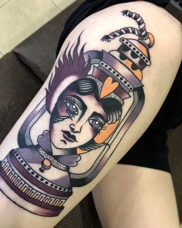female color neo traditional 纹身 在 thigh #29477 | 纹身师 Babaev Ivan