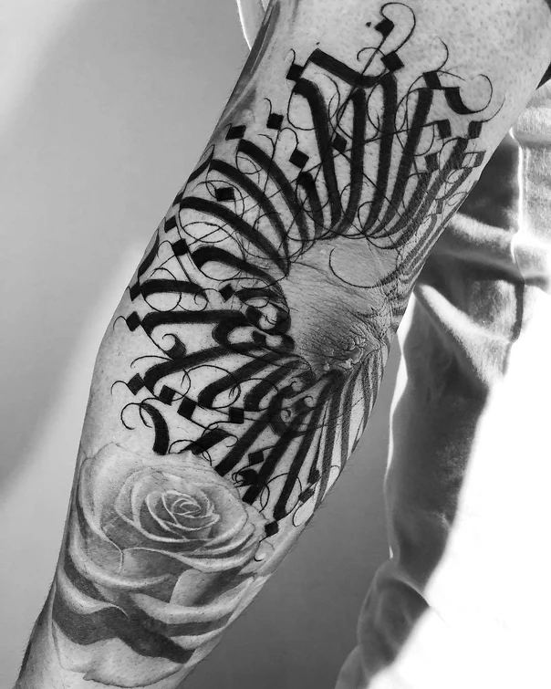 Blackwork Rose, Lettering tattoo on Forearm