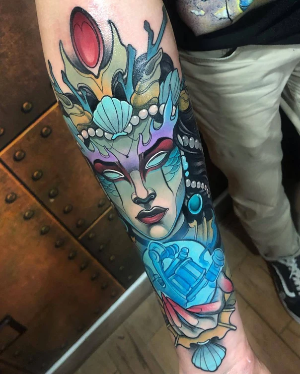 Illustrative Mermaid, Sea shell tattoo on Forearm