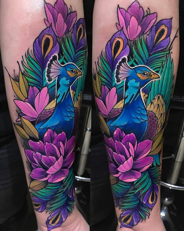 Neo Traditional Peacock, Lotus tattoo on Forearm