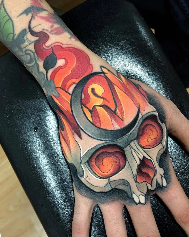 New School Skull, Fire tattoo on Hand