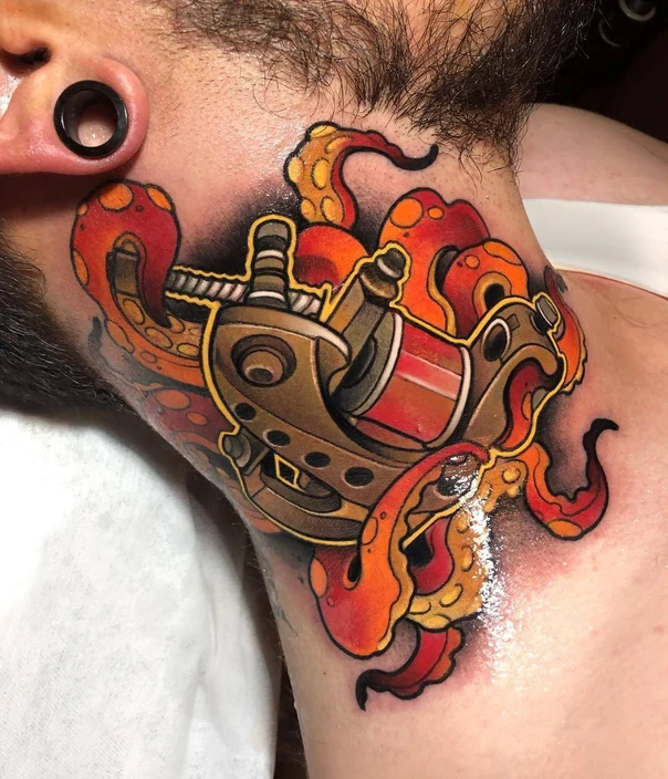 Neo Traditional Octopus, Tattoo machine tattoo on Throat