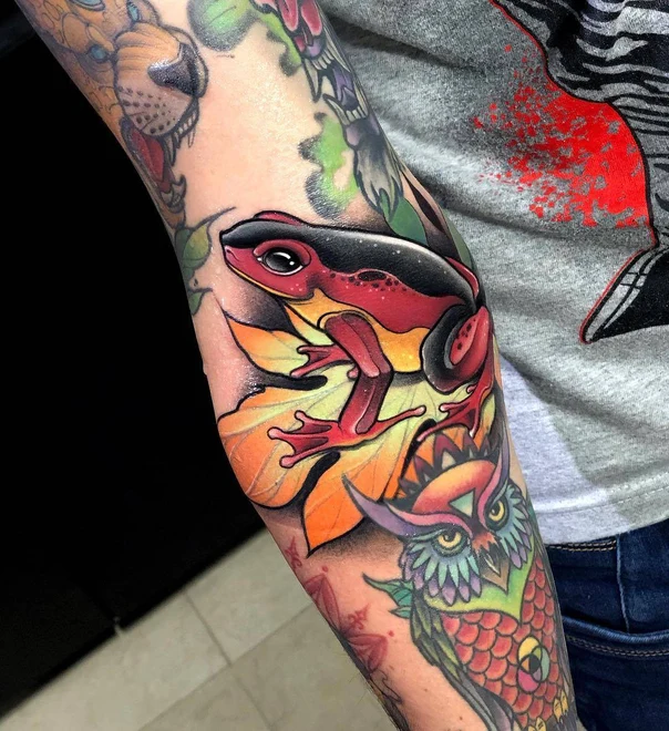 Neo Traditional Frog, Leaf tattoo on Forearm