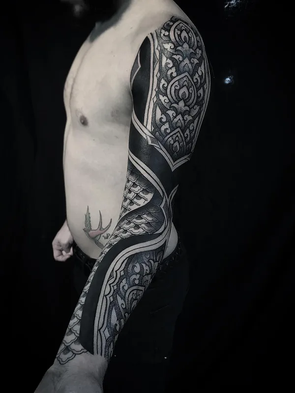 male black and grey blackwork 타투 부위 full sleeve #29568 | 타투이스트 Diamante Murru