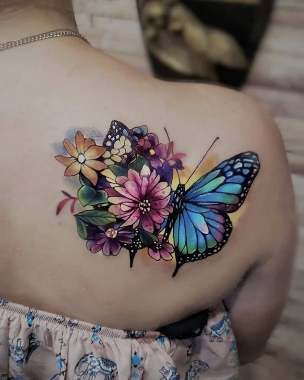 Watercolor Butterfly, Flowers tattoo on Shoulder Blade