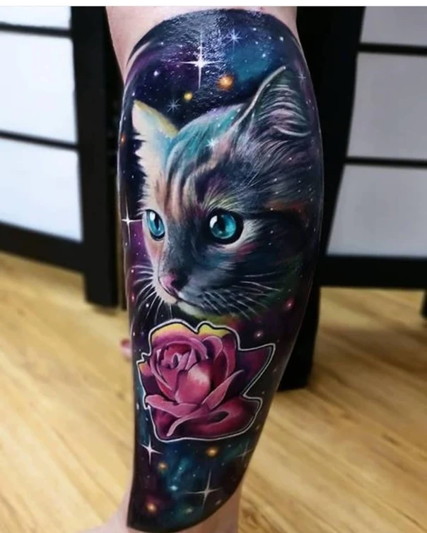 Realism Cat, Rose tattoo on Calf