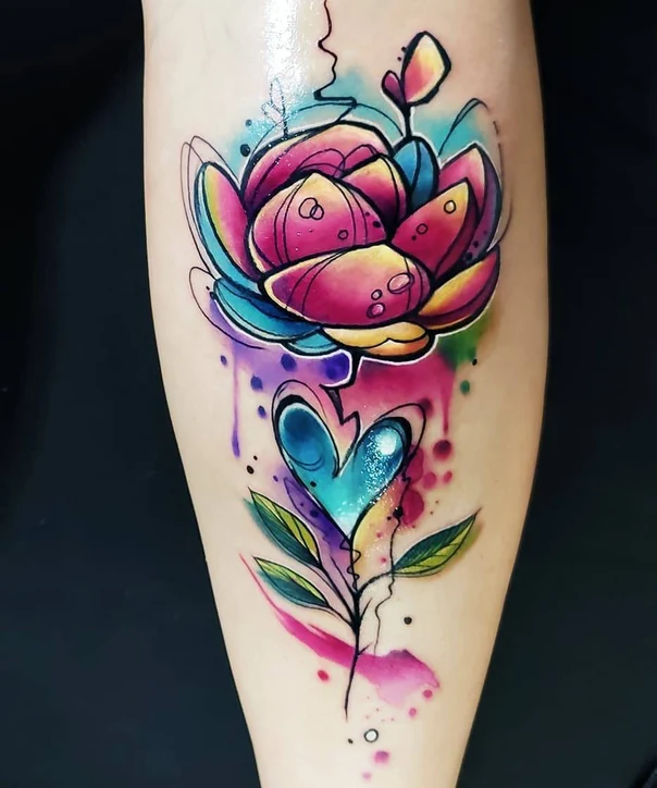 Watercolor Flower, Heart tattoo on Calf