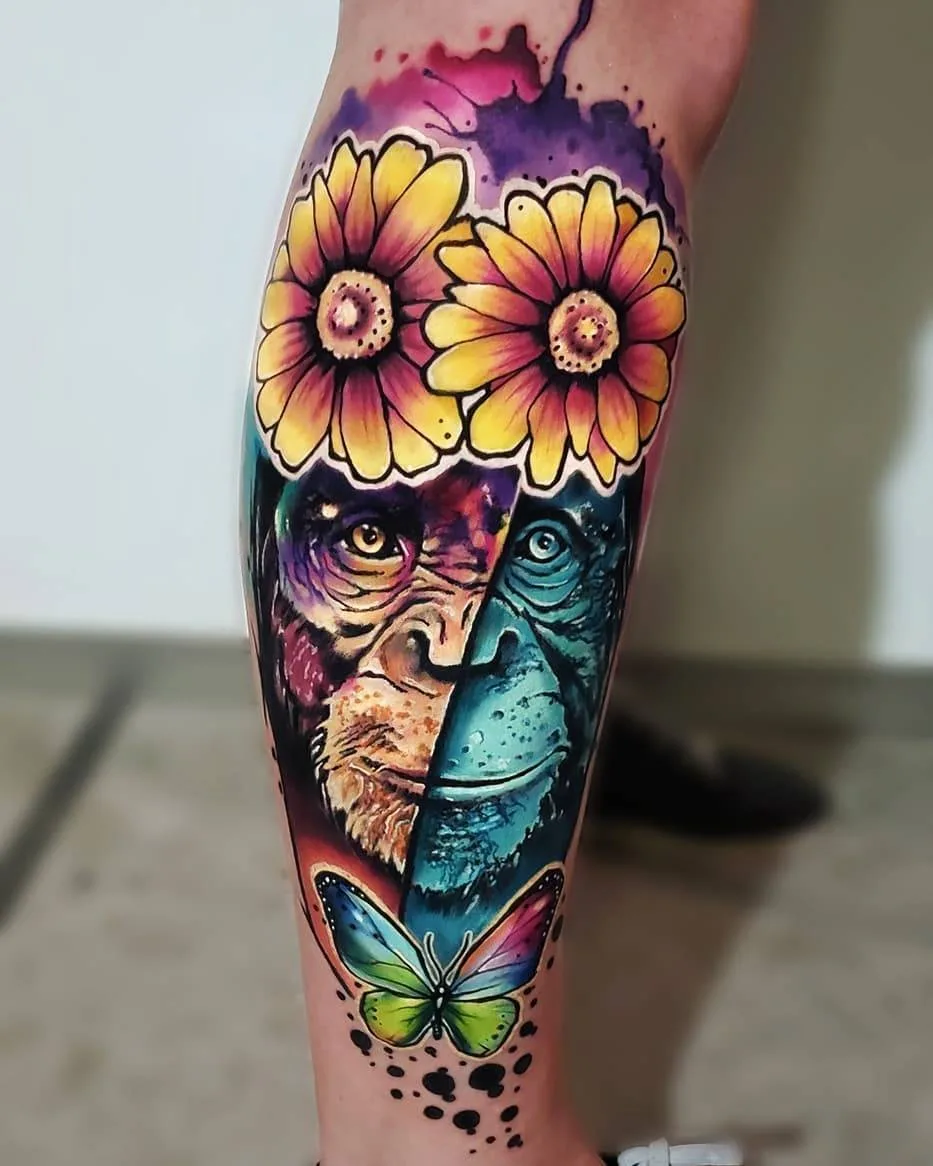 Artista de tatuagem Vinni Mattos, tatuagem realista da nova escola com fundo de águacolor | Espanha