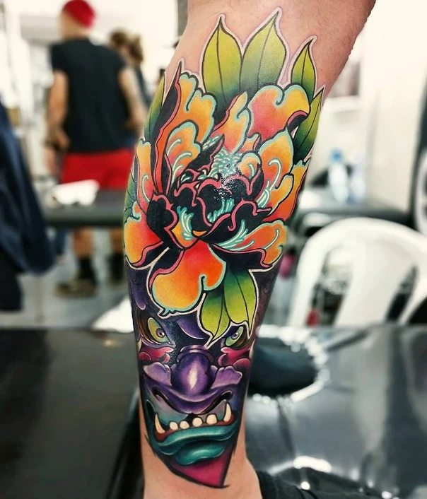 Japanese Flower, Demon tattoo on Forearm