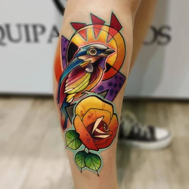Neo Traditional Bird, Rose tattoo on Calf