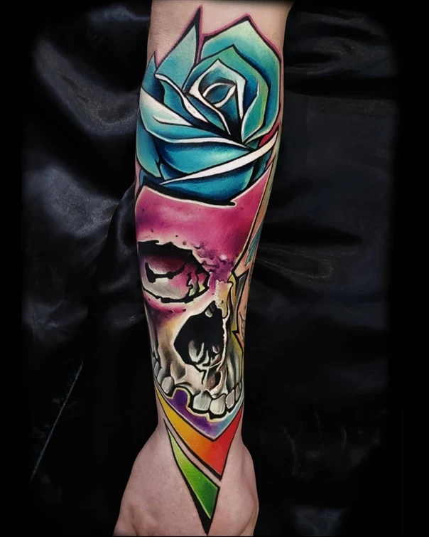 New School Skull, Rose tattoo on Forearm