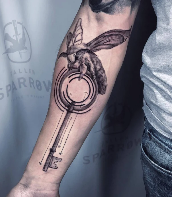 Black & Grey Moth, Key tattoo on Forearm