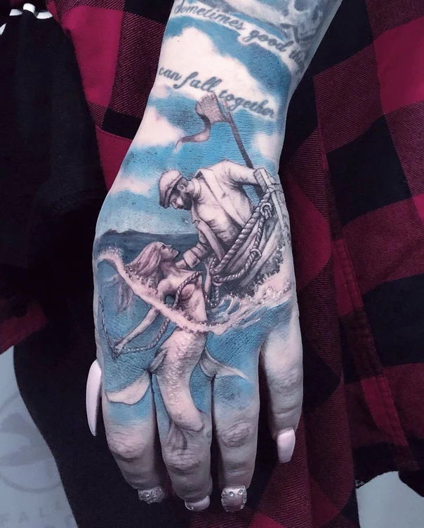 Realism Mermaid, Boat tattoo on Hand