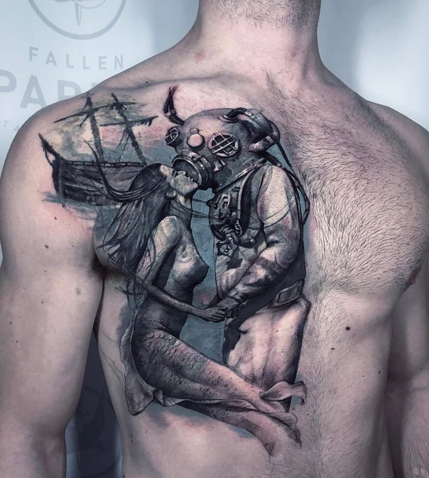 Realism Mermaid, Diver tattoo on Chest