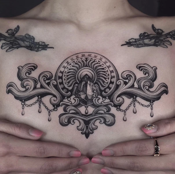 Ornamental Jewel, Ornament tattoo on Sternum