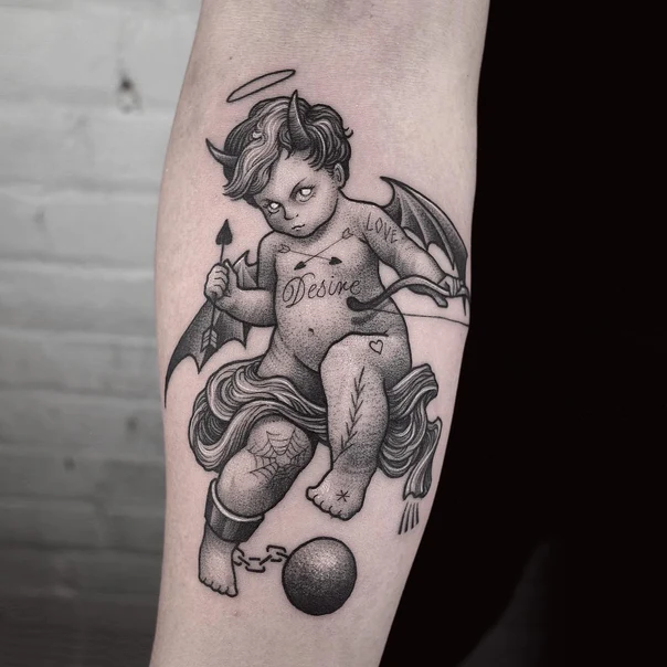 Black & Grey Cherub, Devil tattoo on Forearm