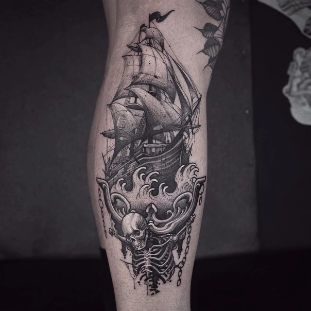 Blackwork Ship, Skeleton tattoo on Calf