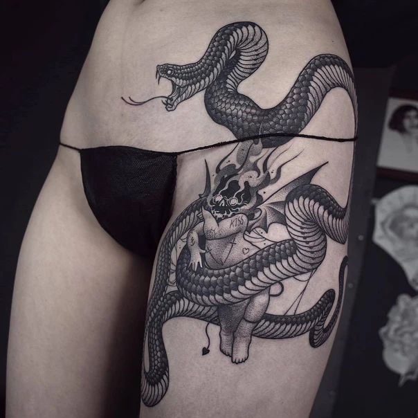 Blackwork Snake, Demon tattoo on Thigh