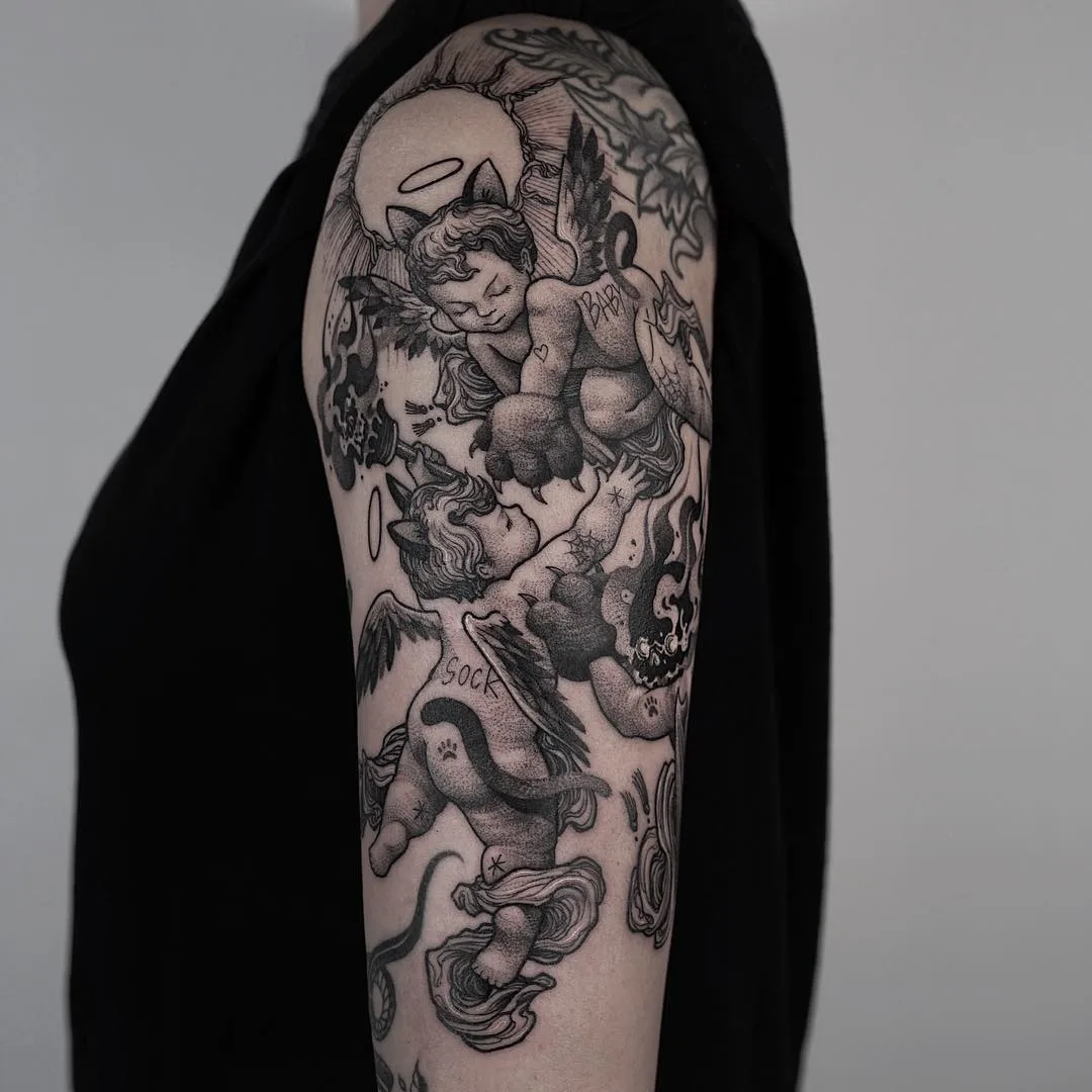 Artista de tatuagem BBrung, tatuagem do autor em preto, gráfica | Coreia, Busan