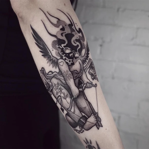 Blackwork Angel, Skull tattoo on Forearm