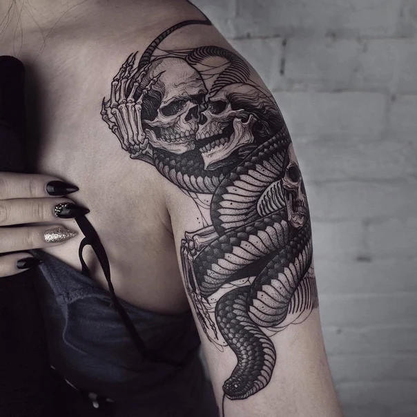 Blackwork Skull, Snake tattoo on Shoulder