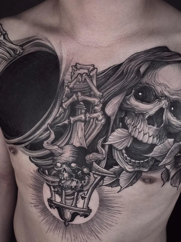male black and grey blackwork tattoo auf chest #29720 | Tätowierer BBrung