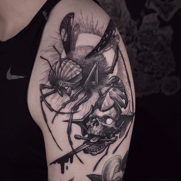 Blackwork Skull, Insect tattoo on Shoulder