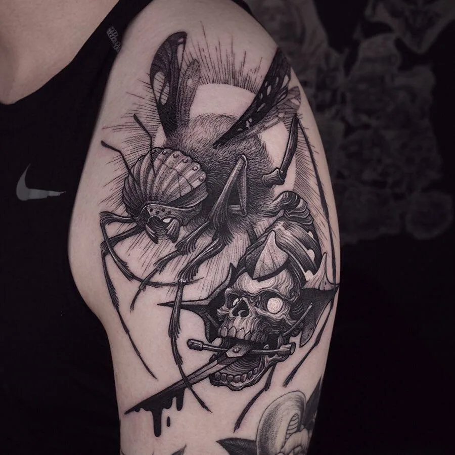 Artista de tatuagem BBrung, tatuagem do autor em preto, gráfica | Coreia, Busan