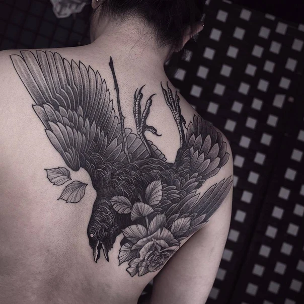 Blackwork Bird, Flower tattoo on Shoulder Blade