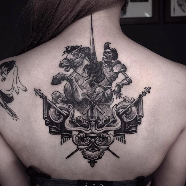 Blackwork Knight, Horse tattoo on Upper Back