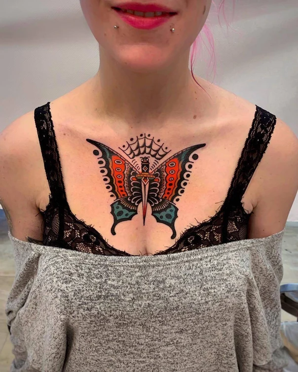 Traditional Butterfly, Dagger tattoo on Sternum