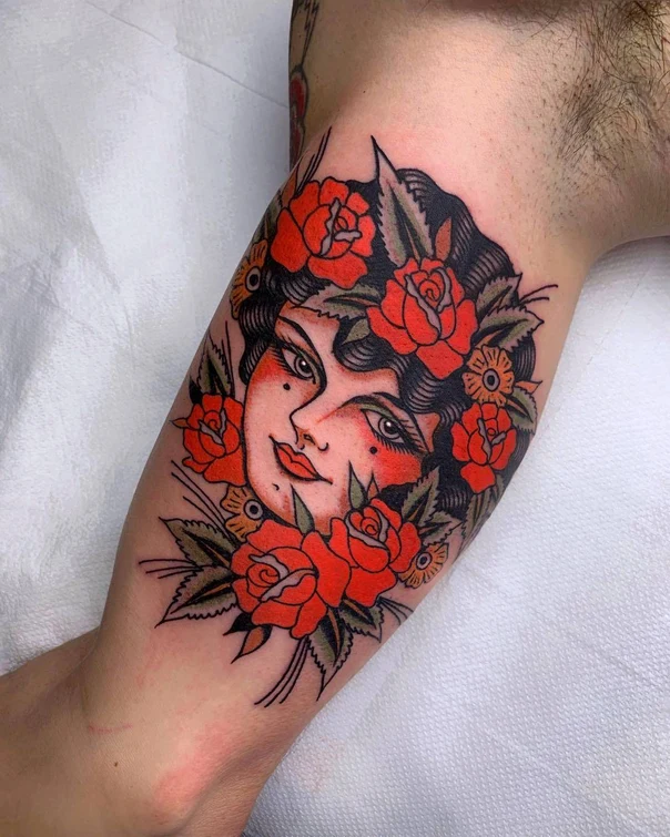 Traditional Woman, Roses tattoo on Forearm