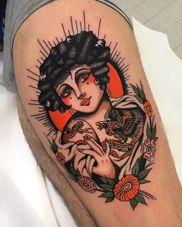 Neo Traditional Woman, Snake tattoo on Thigh