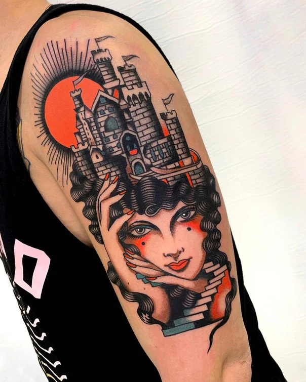 Neo Traditional Castle, Portrait tattoo on Upper Arm